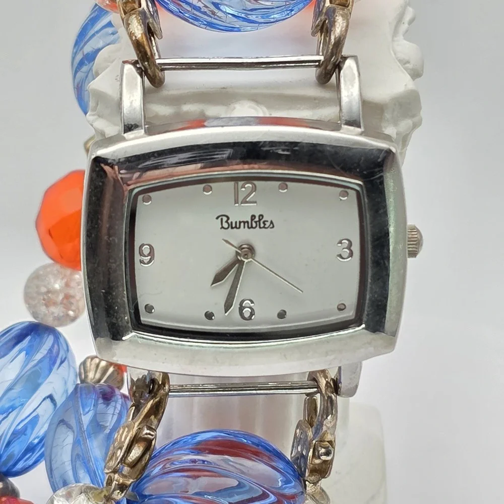Vtg BUMBLES Watch Orange Blue 2-Strand Beaded Removable Stretch Band New Battery